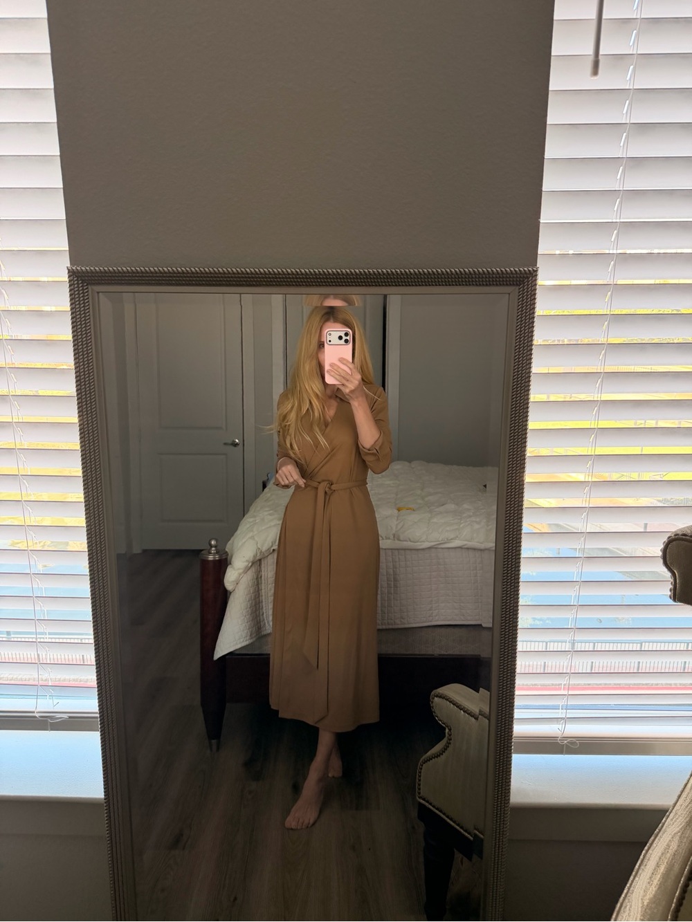 Alex Marie Camel Wrap Midi Dress with Self Tie - Picture 3 of 8